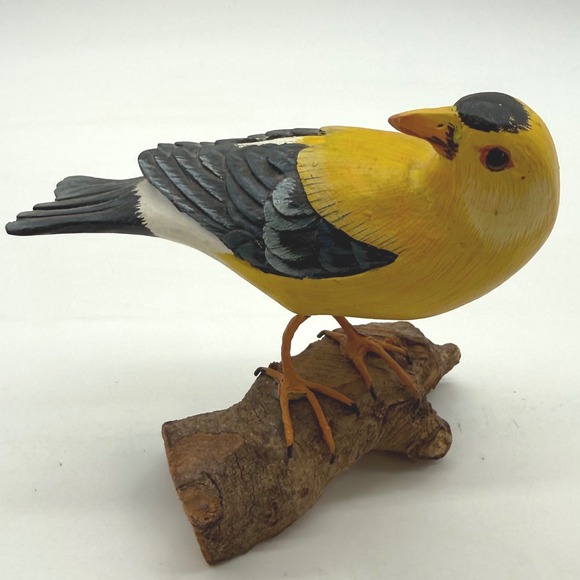 VTG Hand Carved Wooden Goldfinch Bird Life sized‎ Branch Perch Yellow Black